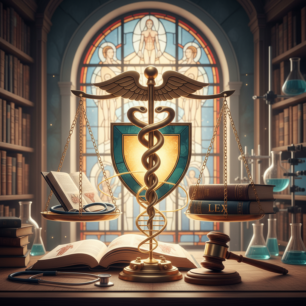 an image that creatively combines symbols of medicine (such as a caduceus, stethoscope, or medical book) and law (such as scales of justice, gavel, or law book) into a single, harmonious scene